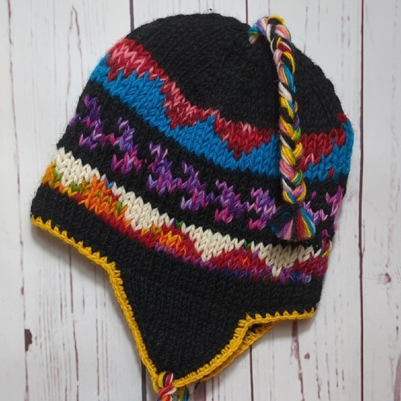 Colorful Knit Wool Chullo Peruvian Beanie Earflap Hat Made in Nepal Braided Ties main image 8